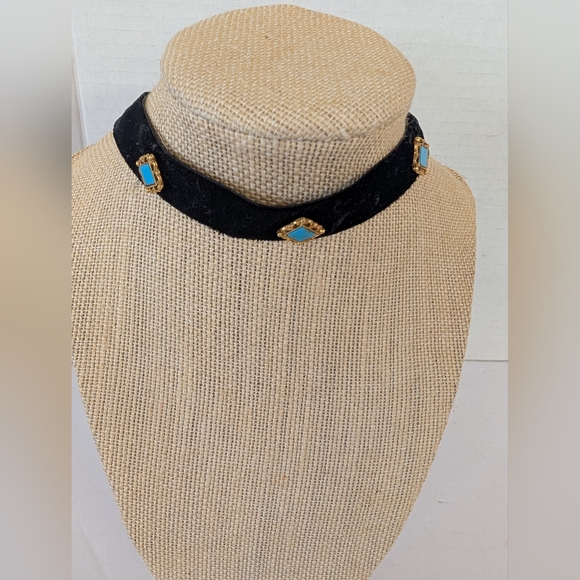 Vintage Jewelry - Vintage Necklace Black Gold Choker Style with Turquoise Accents From 1970s